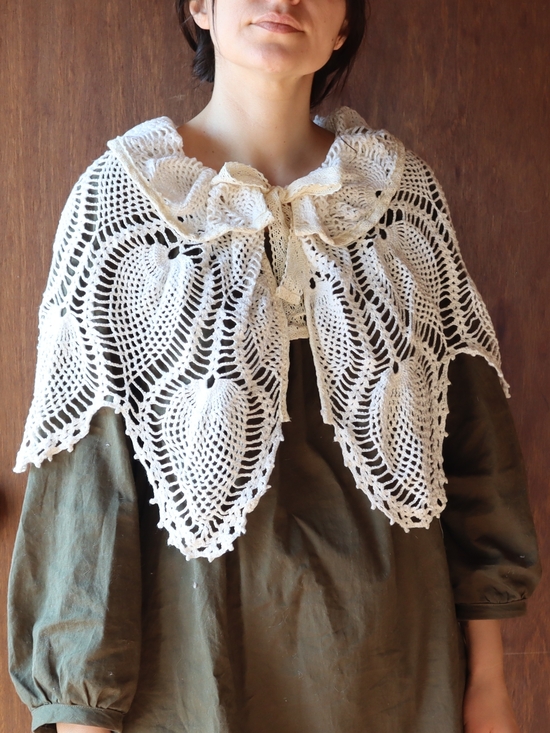 Handmade Accessories - Hand Crocheted Cream Lace Capelet Upcycled Vintage Cotton Tablecloth Collar